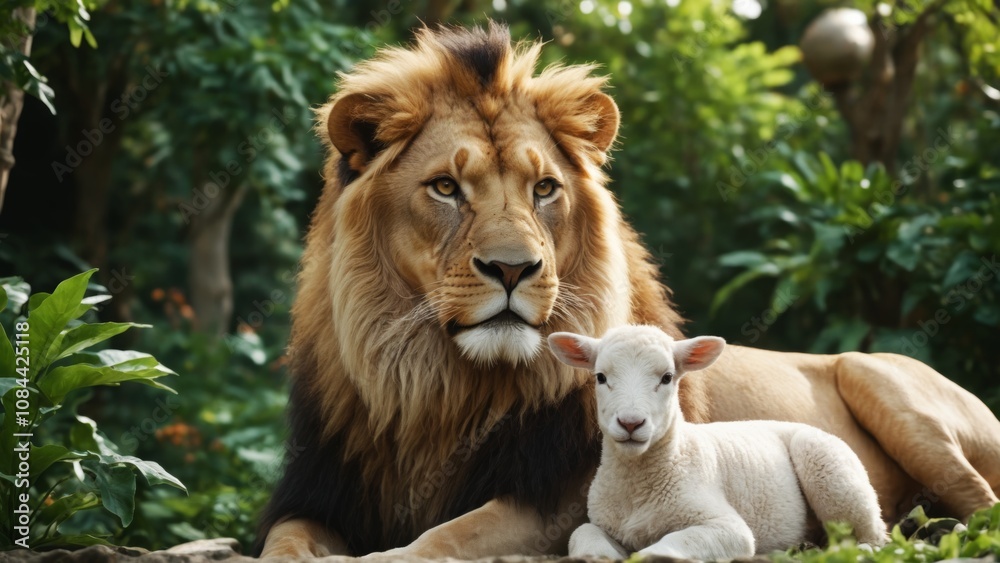 Fototapeta premium A majestic lion rests peacefully next to a lamb in a lush green jungle setting at sunrise