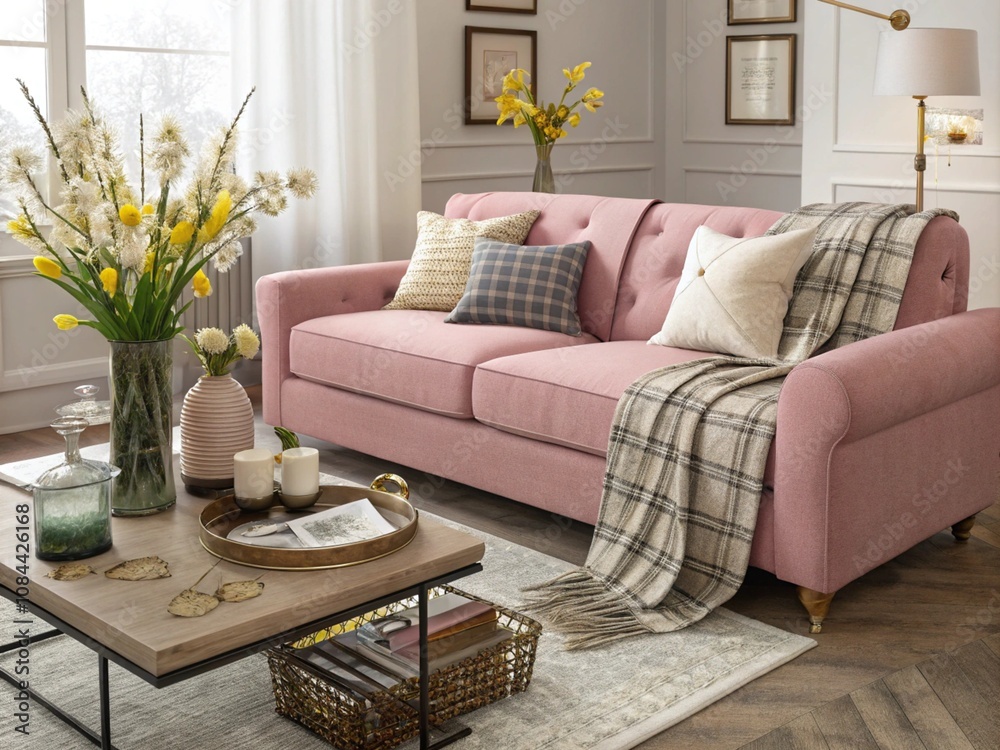 Obraz premium Interior design living room with stylish pink sofa, coffee table, spring flowers, decoration, pillows, plaid, tray and elegant personal accessories in modern home .