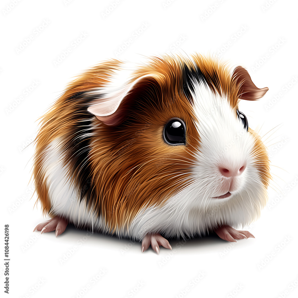 Cute brown and white guinea pig sitting calmly on a white background, showcasing its fluffy fur and inquisitive expression Cute brown and white guinea pig sitting calmly on a white background, showcasing its fluffy fur and inquisitive expression