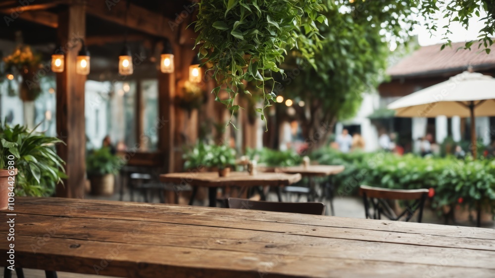 Fototapeta premium A tranquil outdoor dining setting with wooden tables under lush greenery in the evening