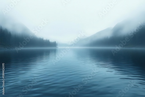 serene depiction of a tranquil lake shrouded in fog, with soft ripples on the surface reflecting muted colors of the early morning light, evoking a sense of peace and calm