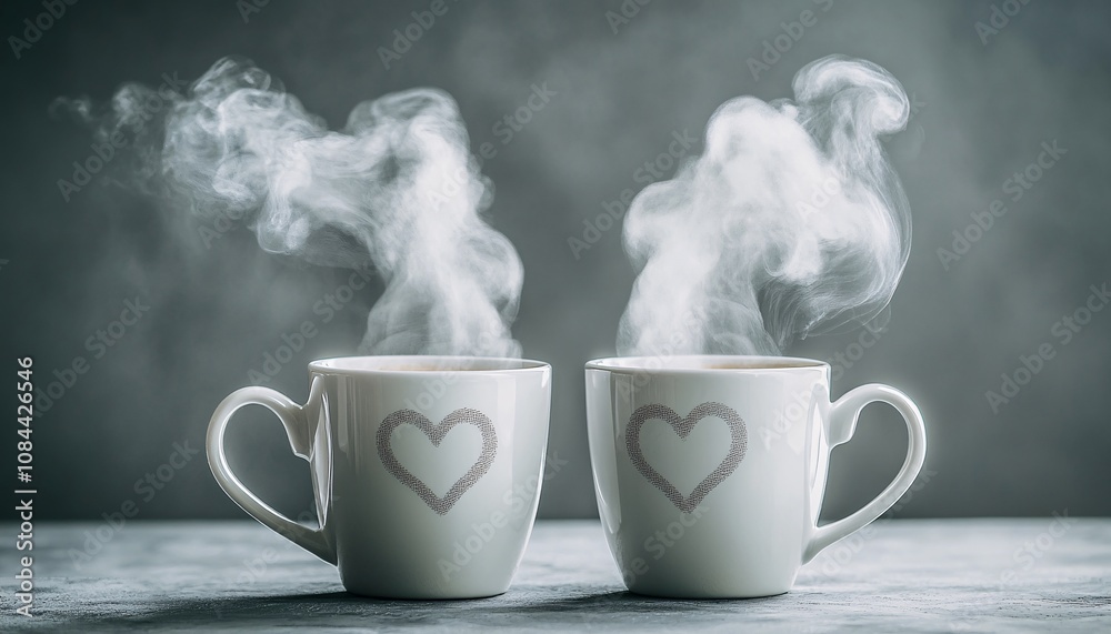Cozy coffee mugs adorned with heart motifs and steam creating a heart shape, perfect for celebrating the warmth of Valentine's Day. Cozy coffee mugs adorned with heart motifs and steam creating a heart shape, perfect for celebrating the warmth of Valentine's Day.
