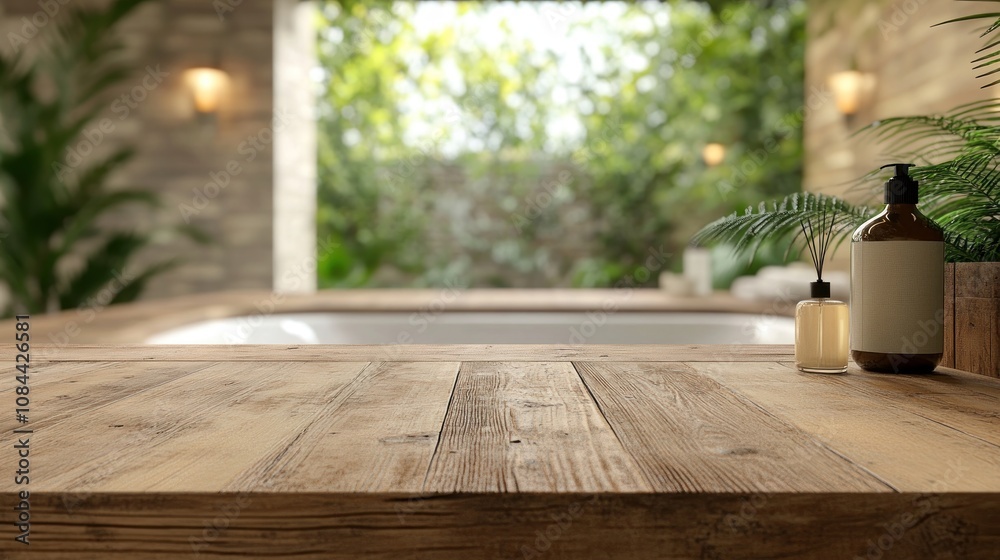 Serene Spa Bathroom: Wooden Table with Bath and Plants Serene Spa Bathroom: Wooden Table with Bath and Plants
