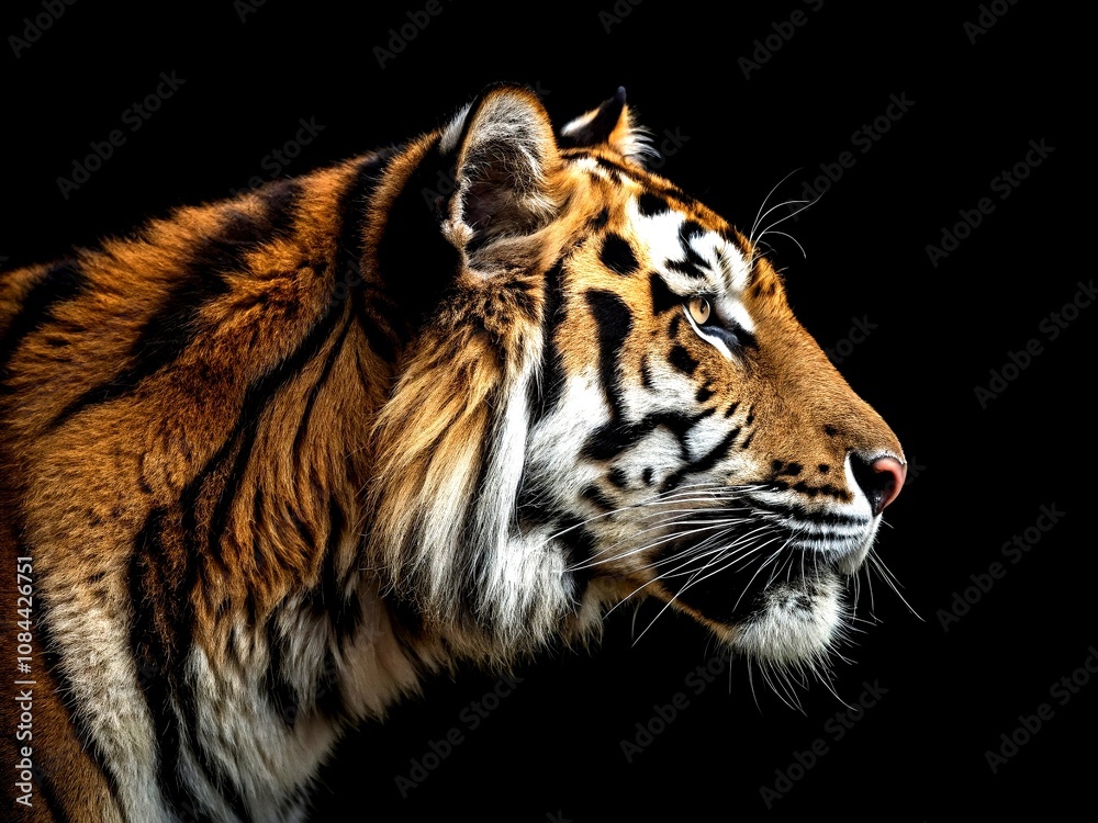 Fototapeta premium Close-Up of Exotic Tiger Skin and Fur Textures at Night, Highlighting the Wild Beauty and Intricate Patterns of Nature's Most Majestic Creatures for Stunning Abstract Art
