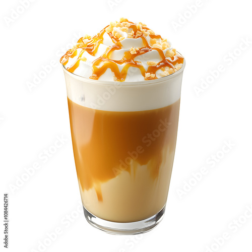 Iced caramel latte with whipped cream, caramel sauce, and crunchy crumble pieces in a glass, isolated on a transparent background