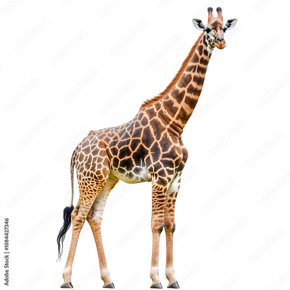 Fototapeta premium Full-body view of a giraffe standing against a transparent background, showcasing its impressive height and unique coat pattern