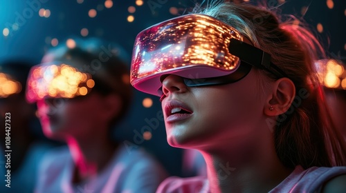 A young woman wearing a futuristic VR headset, surrounded by glowing particles, fully immersed in a digital experience, engaged in gaming or virtual exploration. photo