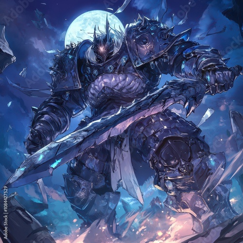 Giant Anime Ghatotkacha: Wielding Magical Weapons in Detailed Demonic Armor, Soaring Through a Moonlit Battlefield with Atmospheric Perspective and Sharp Detail.