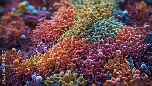 Exploring the vibrant world of cellular structures under a microscope in intricate detail