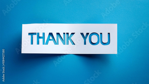 Thank you message for card, Minimalist abstract design with white cut out paper on blue background