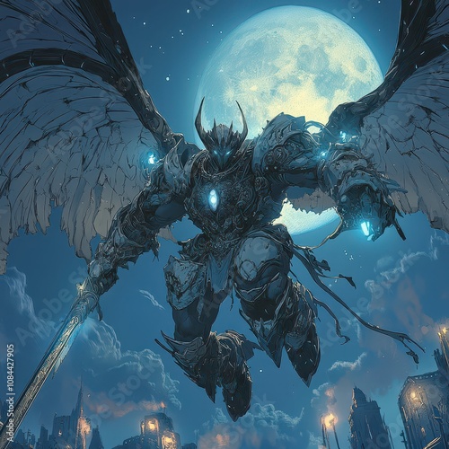 Giant Anime Ghatotkacha: Wielding Magical Weapons in Detailed Demonic Armor, Soaring Through a Moonlit Battlefield with Atmospheric Perspective and Sharp Detail.