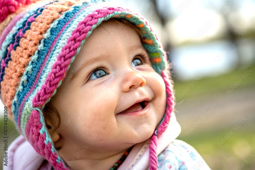Close-Up Portrait of a Cute Baby Girl in a Cozy Knit Hat, Capturing the Innocence and Joy of Childhood in a Soft, Natural Light Setting, Perfect for Family and Baby-Themed Stock Photography Close-Up Portrait of a Cute Baby Girl in a Cozy Knit Hat, Capturing the Innocence and Joy of Childhood in a Soft, Natural Light Setting, Perfect for Family and Baby-Themed Stock Photography