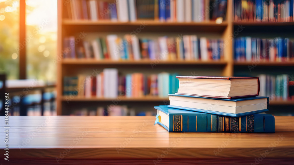 Book stack on wood desk and blurred bookshelf in the library room, education background, Book stack on wood desk and blurred bookshelf in the library room, education background,