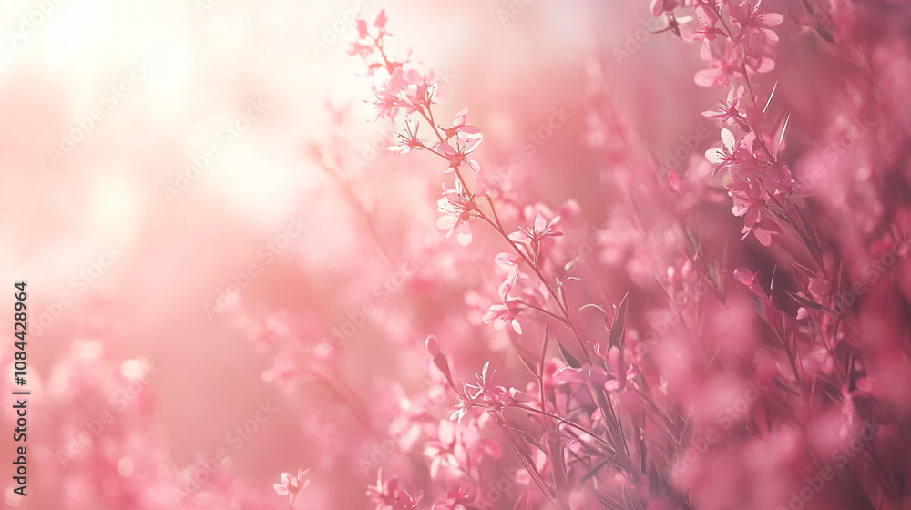 Fototapeta premium Delicate pink flowers bloom softly in a sunlit garden during the spring season