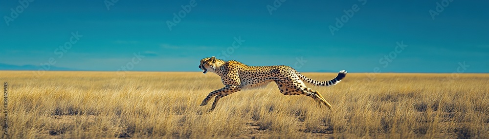 Naklejka premium Cheetah sprinting across open grassland serengeti wildlife photography sunny day side view nature conservation