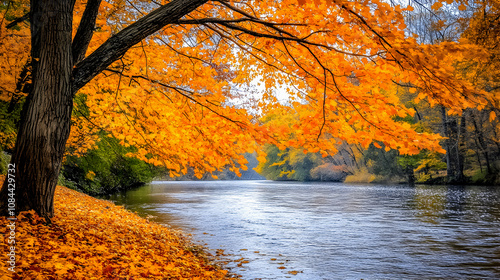 Autumnal forest landscape with colorful foliage reflecting in a tranquil lake