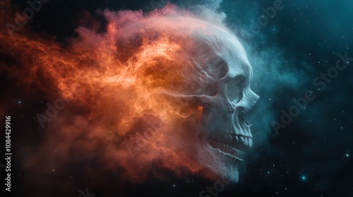 A dramatic digital illustration of a skull, enveloped in swirling red and blue cosmic mist, embodying themes of mortality and the universe’s vastness. photo