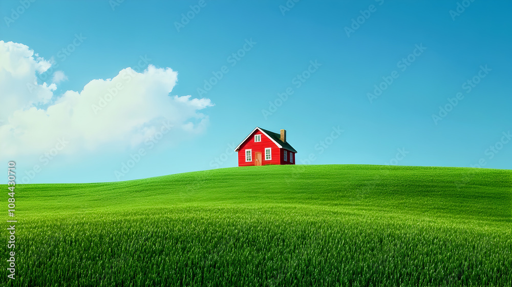 A rustic farmhouse nestled amidst rolling green fields under a vast blue sky A rustic farmhouse nestled amidst rolling green fields under a vast blue sky