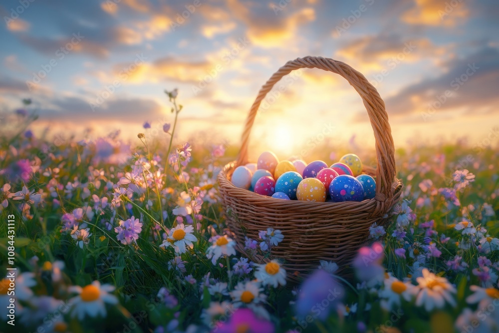 Easter Eggs in a Sunlit Flower Field Easter Eggs in a Sunlit Flower Field