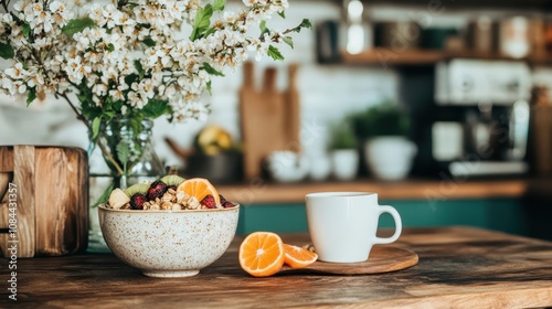 A rustic kitchen scene featuring a healthy breakfast setup with fresh flowers, a cup of coffee, and vibrant fruits, embodying health and tranquility. photo