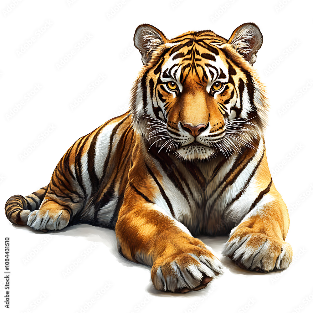 Obraz premium Majestic Bengal tiger resting calmly with striking orange fur and black stripes on a white background during the afternoon