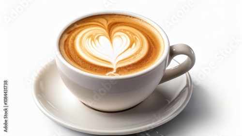 A beautifully crafted latte with heart-shaped foam art in a white cup.