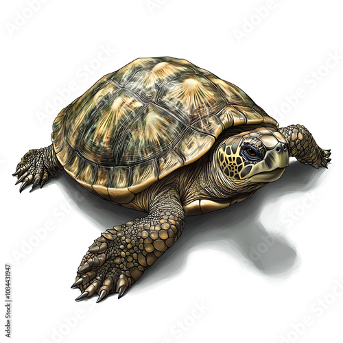 A detailed illustration of a tortoise in a natural pose with realistic textures and colors showcasing its distinct features