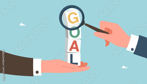 Leadership for achieve business goals, teamwork motivation for high results, partnership to overcome obstacles or receive rewards, brainstorm for accuracy in goal setting, team analyzes goal.