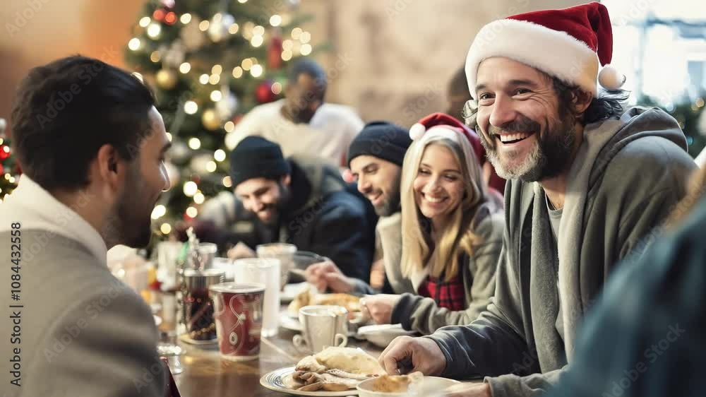 A positive homeless man sits at a table in a noisy homeless shelter cafeteria, surrounded by other people. Christmas concept. zoom in, zoom out, pan, or 360 degree shot, animate A positive homeless man sits at a table in a noisy homeless shelter cafeteria, surrounded by other people. Christmas concept. zoom in, zoom out, pan, or 360 degree shot, animate