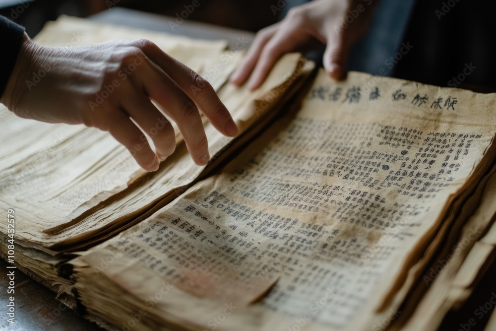 Naklejka premium Antique Manuscript with Historical Text on Display