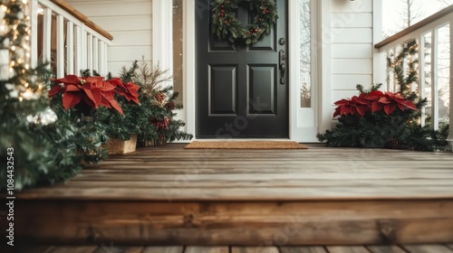 A cozy porch decorated with a wreath, pine garlands, and poinsettias, creating a warm and inviting holiday atmosphere perfect for seasonal celebrations. photo