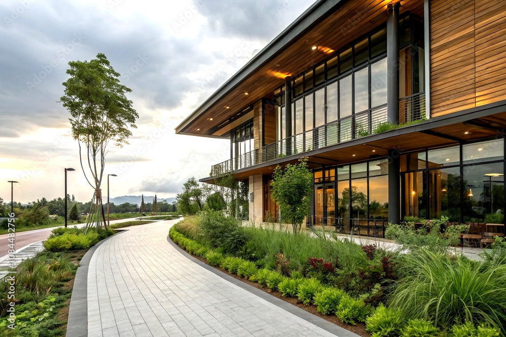 Contemporary Building Design with Lush Greenery and Wooden Accents, Showcasing Large Glass Windows in a Harmonious Blend with Nature for Modern Architecture Enthusiasts Contemporary Building Design with Lush Greenery and Wooden Accents, Showcasing Large Glass Windows in a Harmonious Blend with Nature for Modern Architecture Enthusiasts