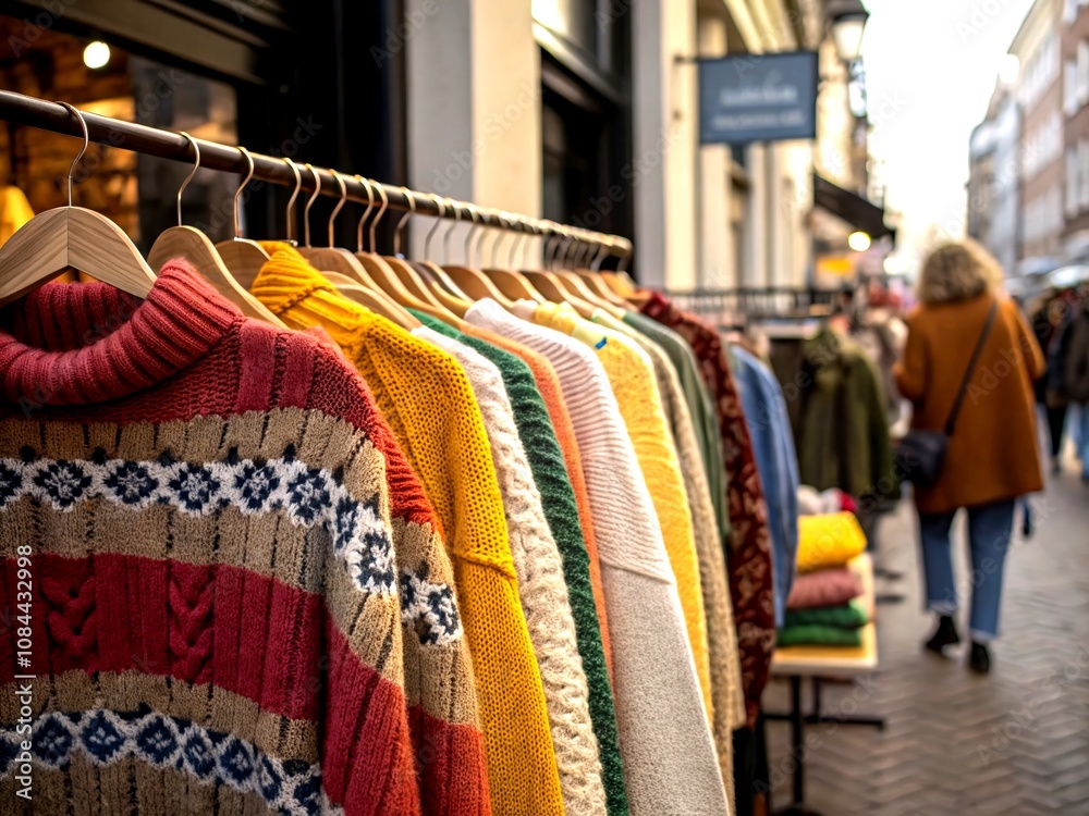 Cozy and Colorful Sweaters on Display in a Boutique Setting, Showcasing Various Textures and Designs for a Warm Winter Vibe Cozy and Colorful Sweaters on Display in a Boutique Setting, Showcasing Various Textures and Designs for a Warm Winter Vibe