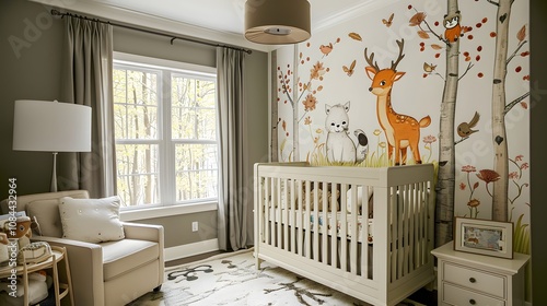 Cute baby room with woodland theme and playful animal wall designs photo