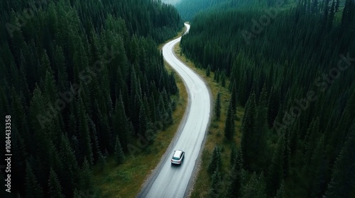 Aerial view of a car driving on a winding road through a dense evergreen forest, showcasing a serene and natural landscape during daytime.