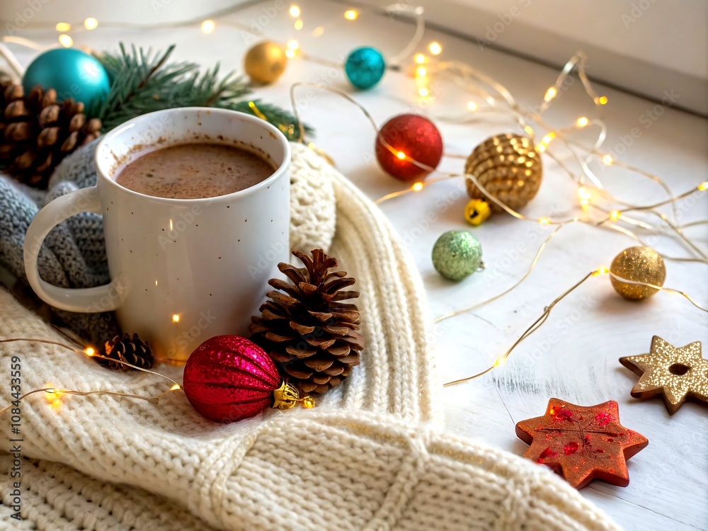 Cozy Christmas Atmosphere with a Steaming Mug of Hot Chocolate on a Knitted Sweater Surrounded by Festive Decorations for a Warm Holiday Vibe Cozy Christmas Atmosphere with a Steaming Mug of Hot Chocolate on a Knitted Sweater Surrounded by Festive Decorations for a Warm Holiday Vibe