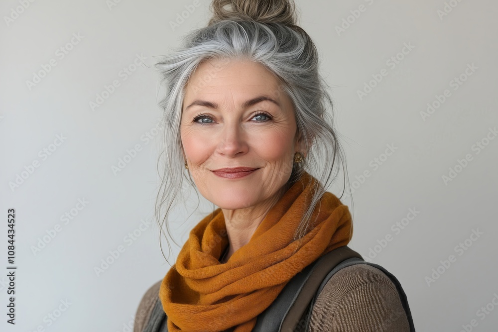 A woman with a scarf on her neck and a smile on her face. She looks happy and content A woman with a scarf on her neck and a smile on her face. She looks happy and content