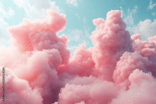 Pink clouds in the sky with a blue sky background. The pink clouds are fluffy and look like they are floating in the sky. The image has a dreamy and whimsical mood photo