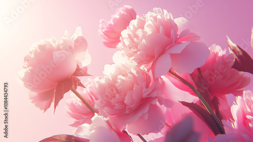 Beautiful pink peonies blooming in sunlight with a soft pink background during springtime