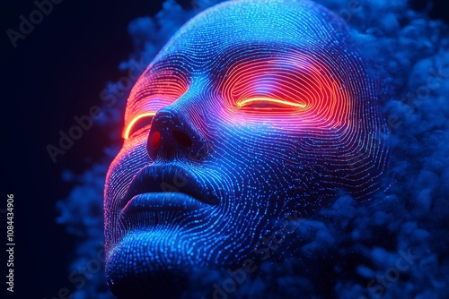 A blue face with red glowing eyes. The face is surrounded by a cloud of smoke. Scene is mysterious and eerie