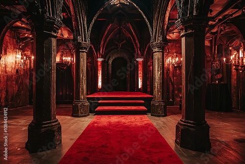 A vampire-themed podium with towering gothic columns and a dark red carpet in a haunted castle photo