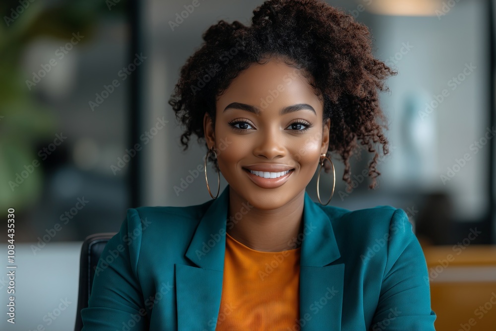 A woman with curly hair and gold earrings is smiling at the camera. She is wearing a green jacket and orange shirt
