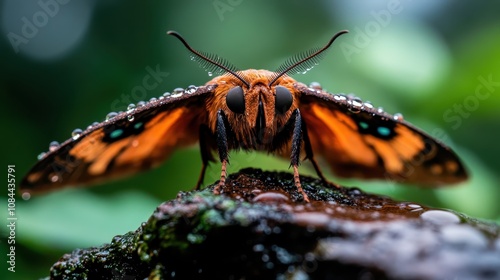 A dramatic image of a moth with extended wings cloaked in morning dew, capturing the essence of nature's beauty and transformation through a lens of imaginative artistry. photo