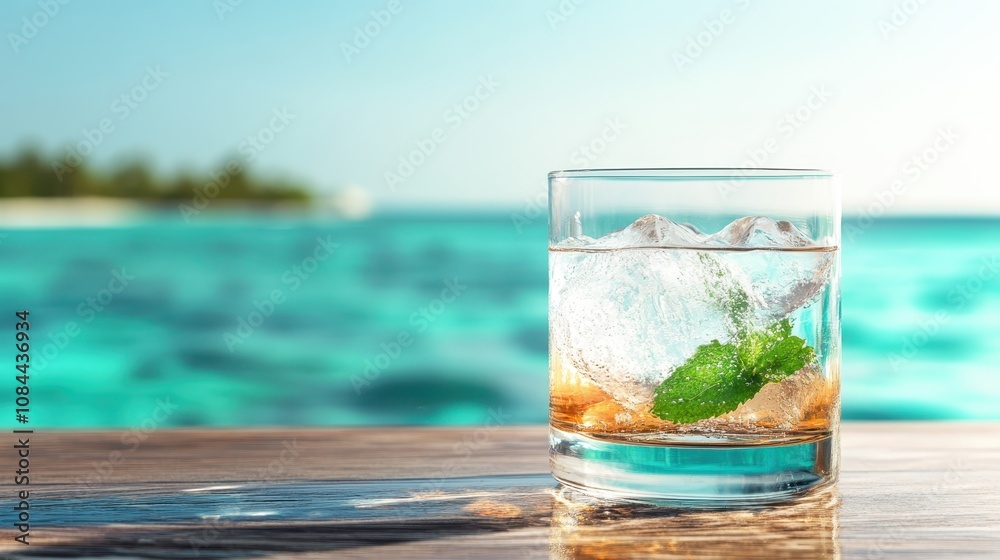 Refreshing image of a glass filled with ice, garnished with fresh mint leaves, placed on a wooden surface, with a crystal-clear ocean in the background.