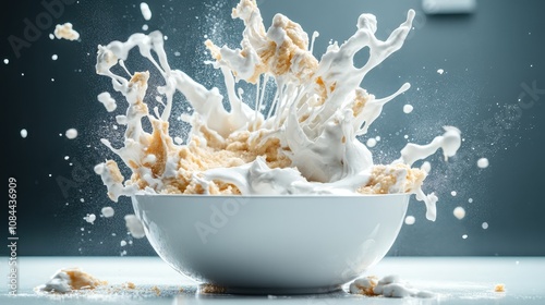 A dynamic, close-up shot captures milk and cereal exploding out of a white bowl, creating an abstract depiction of everyday chaos and excitement in breakfast routines. photo