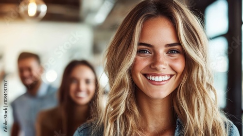 A cheerful young woman smiling brightly with two friends blurred in the background, conveying a sense of warmth, happiness, and friendship in a casual setting.