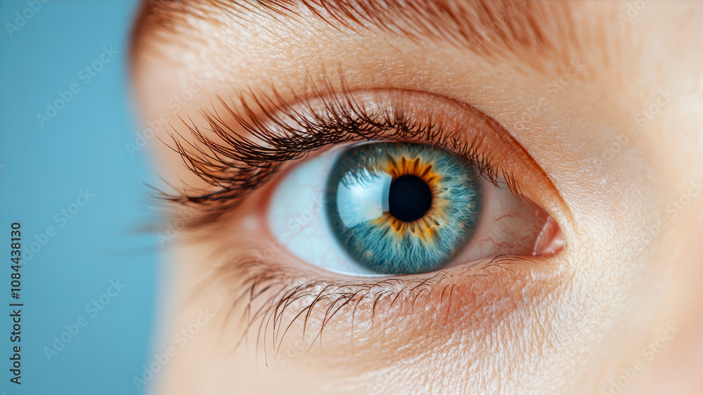 Obraz premium Close-up of a Human Eye Showcasing Unique Blue and Brown Patterns Against a Light Background