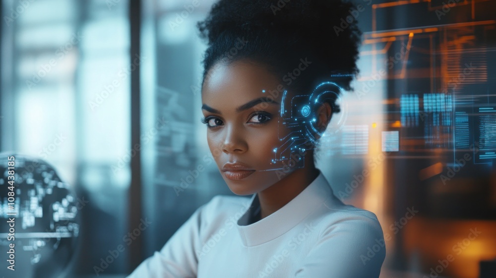 Futuristic Woman with Digital Interface Overlay Futuristic Woman with Digital Interface Overlay