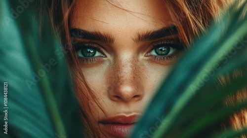 A mysterious and intense gaze through vibrant leaves frames a woman's face with freckles, capturing an enigmatic allure and depth of emotion.