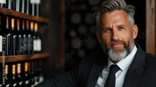 A mature man with a gray beard wearing a polished suit stands confidently in a wine cellar, surrounded by rows of wine bottles. His expression exudes sophistication. photo